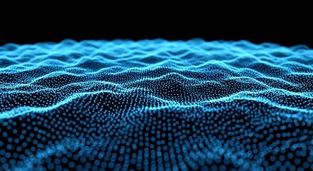 Abstract futuristic background with a flowing digital wave of glowing blue particles on a black backdrop.