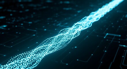 A luminous blue stream of digital particles representing data flow on a dark technological background.