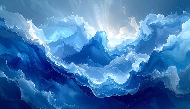 An abstract image depicting swirling waves of blue hues, reminiscent of the ocean, with soft, translucent textures