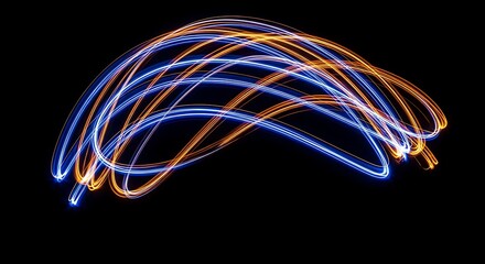 Swirling blue and orange light trails create a vibrant, abstract pattern against a solid black background.