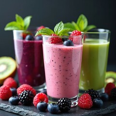 Three glasses with berry smoothies and mint leaves. Fresh berries like raspberry and blueberry surround the drinks. One kiwi slice is visible, suggesting a healthy, refreshing beverage.