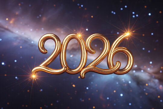 Radiant golden 2026 numbers gleam with sparkling light against a cosmic nebula, heralding a bright future and new beginnings.