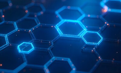 Obraz premium Abstract blue background with a grid pattern , featuring glowing hexagons and circles , creating a futuristic and technological aesthetic