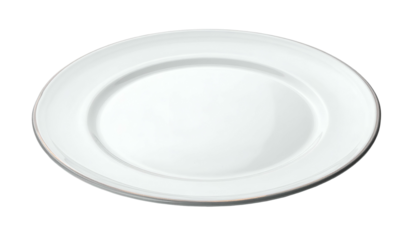 Simple white ceramic plate with raised rim, against a black background