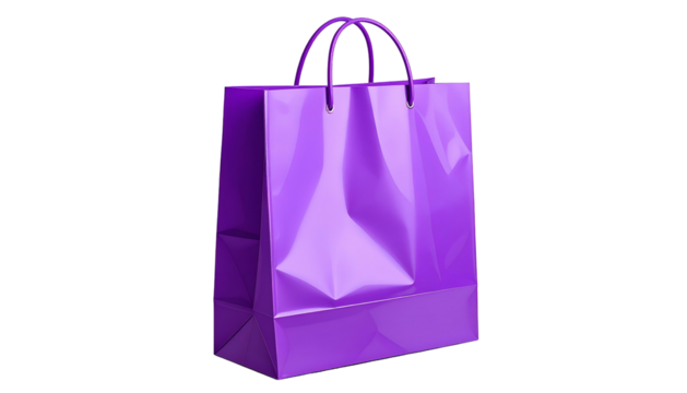 Gleaming purple gift bag on black backdrop with handles