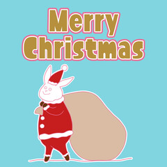 サンタの格好をしたウサギのクリスマスイラスト　青背景