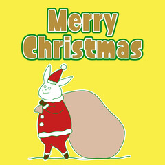 サンタの格好をしたウサギのクリスマスイラスト　黄色背景
