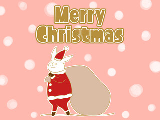 サンタの格好をしたウサギのクリスマスイラスト　雪ありピンク背景
