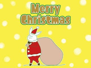 サンタの格好をしたウサギのクリスマスイラスト　雪あり黄色背景
