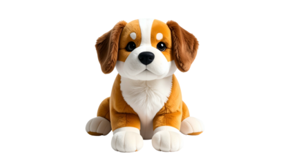 Stuffed toy dog, white and brown fur, big eyes, sitting up