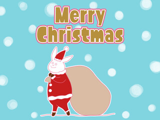 サンタの格好をしたウサギのクリスマスイラスト　雪あり青背景