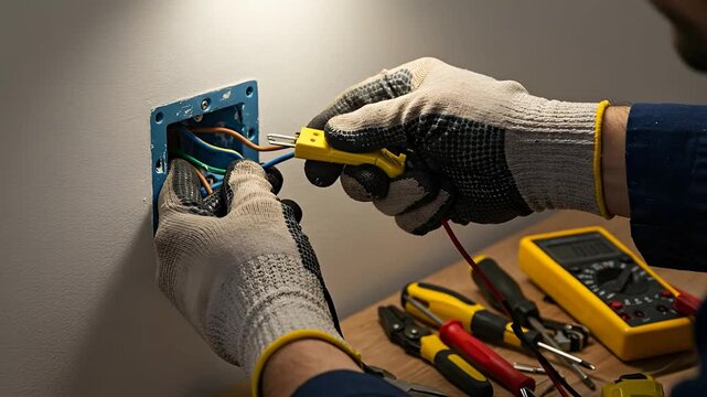 Electrician installing electrical outlet with tools close up