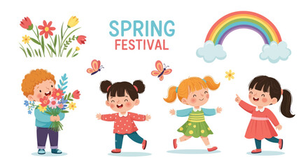 Joyful Cartoon Children and Spring Elements Collection for Festival.
