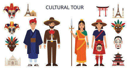 Diverse Cultural Attire and Global Landmarks Representing a Cultural Tour.