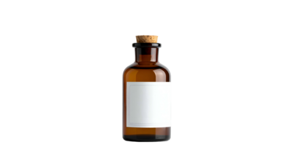 A small, amber-colored apothecary bottle with a cork, white label on a black background