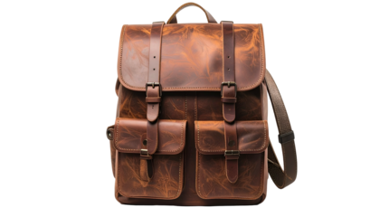A worn leather backpack with front pockets, buckles, a handle, and shoulder strap, isolated