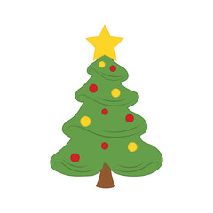 Cartoon christmas tree with star and ornaments.
