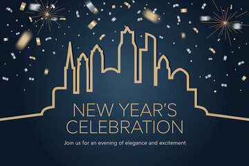 Sparkling New Year's Eve city skyline celebration with falling confetti and fireworks creating a festive and elegant atmosphere for invitations