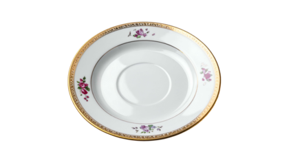 Elegant white saucer with floral design and gold trim on black