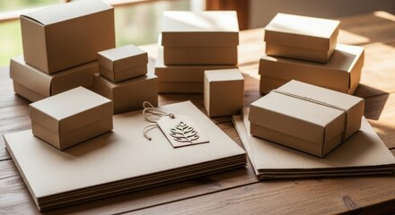 Arrange of kraft paper boxes and packaging on a wooden desk, ready for shipping