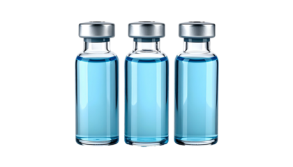 Three glass vials with silver caps, each filled with a blue, clear liquid, isolated on black