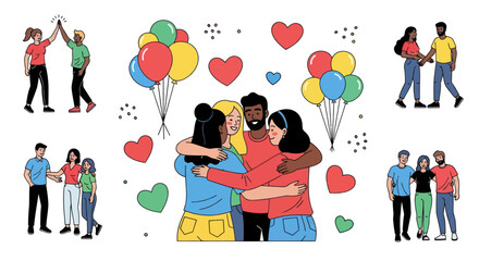 Diverse Group of People Celebrating Together with Hugs Balloons and Hearts.