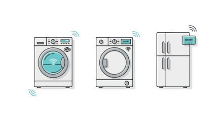 Illustrated Smart Home Appliances: Washing Machine Dryer Refrigerator.