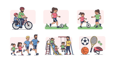 A collection of six cartoon illustrations showing families and children enjoying various outdoor sports and recreational activities together.