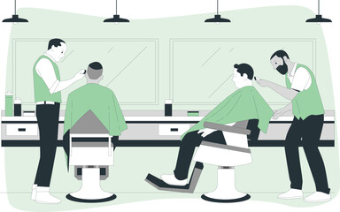 Two barbers cutting hair of two clients in a barber shop with mirrors and equipment haircut salon