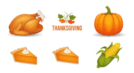 Festive Thanksgiving Food Collection: Roasted Turkey Pumpkin Pie and Corn.