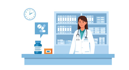 Female Doctor Standing Behind a Pharmacy Counter with Medicine and Shelves.
