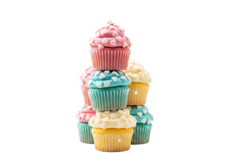 Delicious stack of cupcakes with pink, blue, and yellow frosting and heart sprinkles, sweet treats, dessert isolated on transparent background