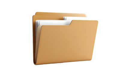 A 3D rendered, open folder filled with white papers, viewed from a slight angle
