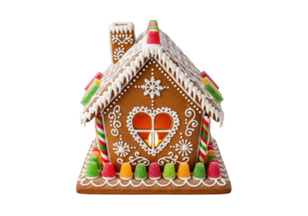 Delicious gingerbread house with candy decorations and heart window christmas holiday festive season baking isolated on transparent background