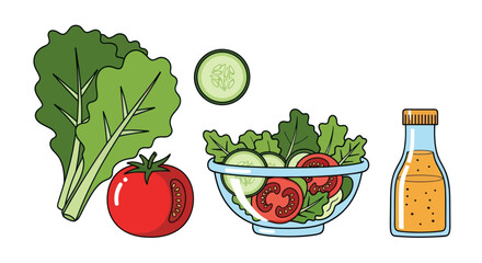 Fresh Salad Ingredients: Lettuce Tomato Cucumber and Dressing.