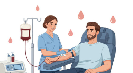 Nurse assisting a man donating blood in a medical chair.