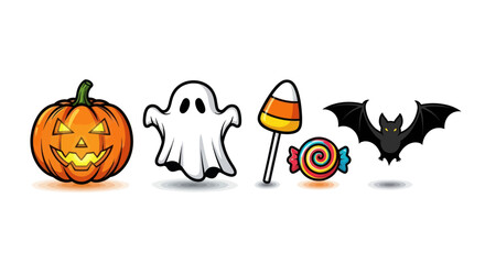 Cartoon Halloween Pumpkin Ghost Candy Corn Bat and Lollipop.
