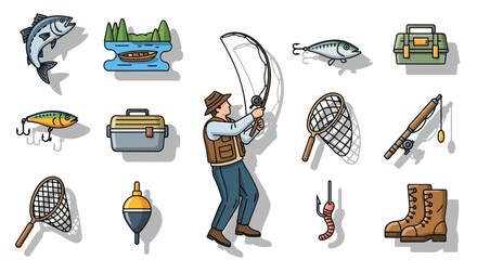 Fishing Equipment and Fisherman Illustration Set with Rod Fish Tackle Box and Boots.
