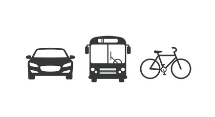 Black silhouette icons of car bus and bicycle representing various modes of transport.