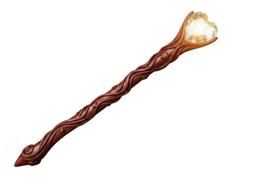 Detailed wooden magic wand with heart shaped crystal gemstone prop, fantasy artifact, wizard tool, spellcasting, isolated on transparent background