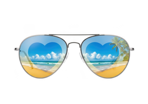 Aviator sunglasses reflecting beach heart shaped clouds summer vacation travel concept stock image, png, isolated on transparent background