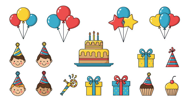Colorful Birthday Party Elements: Balloons Cake Gifts Party Hats and Smiling Faces.