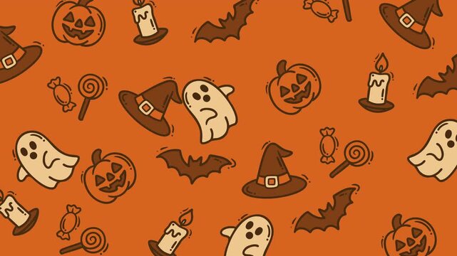 Animated seamless pattern featuring adorable Halloween doodles including ghosts, pumpkins, bats, witch hats, candles, and candies on an orange background. Perfect for spooky, festive, or October-theme