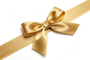 Golden gift ribbon with a bow tied in the center, horizontal layout. Isolated on white background