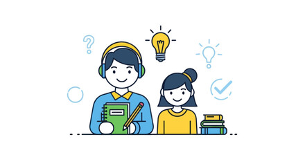 Cartoon Boy and Girl Learning with Books and Idea Lightbulbs.