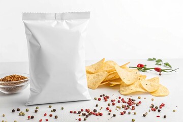 White blank snack bag mockup for chips, crisps or food packaging on white background