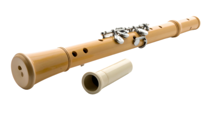 Light-wood oboe with silver keys, partially disassembled