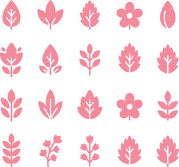 Pink botanical vector leaves and flowers set on white background