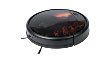 Robotic vacuum with mountain landscape design on a black body