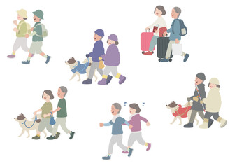 歩くシニア夫婦のイラスト　セット　日常生活　カラー1
